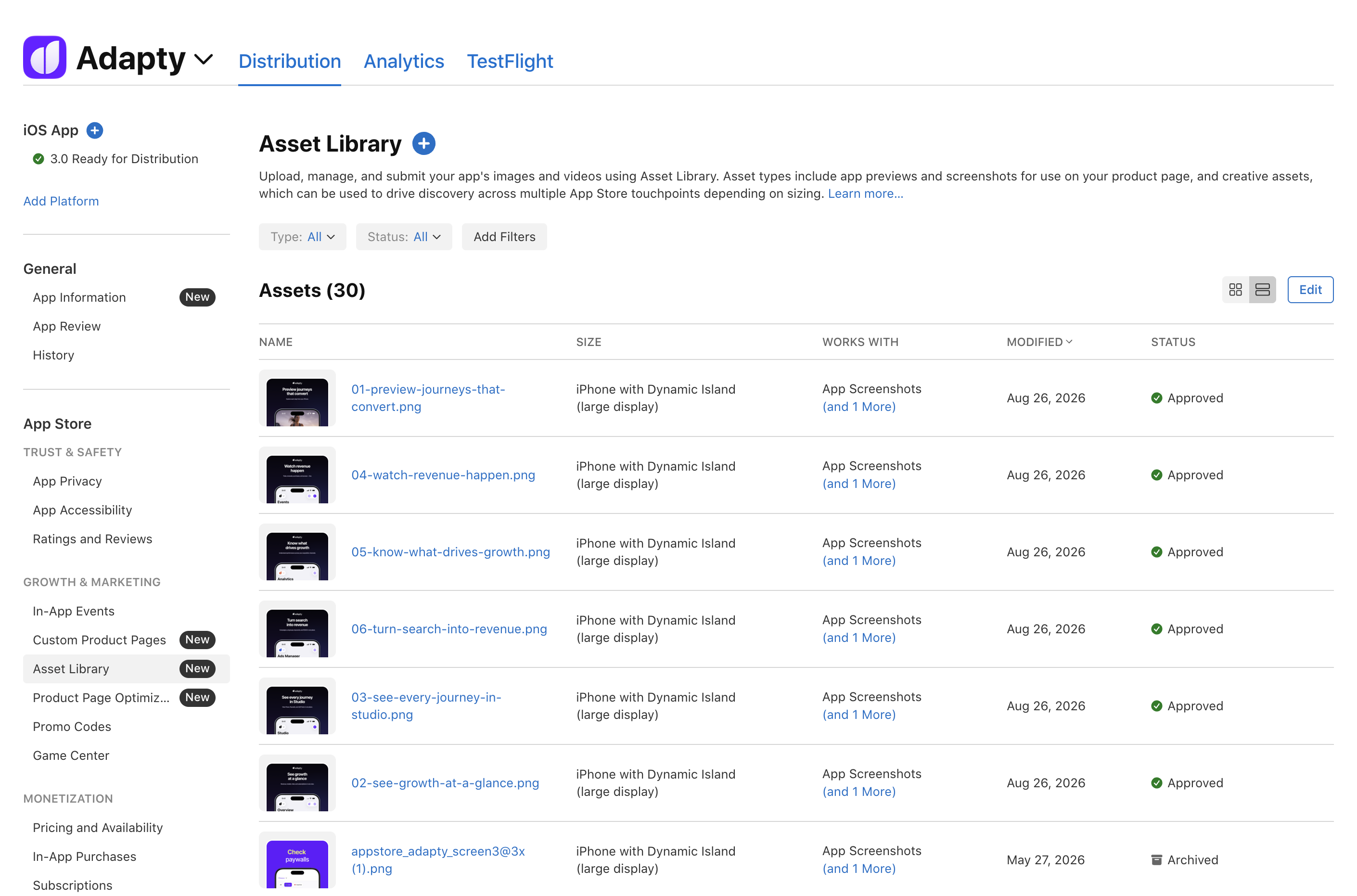 Asset Library in App Store Connect for the Adapty iOS app. A list of 30 assets shows name, size, works with, modified date, and status columns. Existing iPhone screenshots appear as Approved, and an older one as Archived.