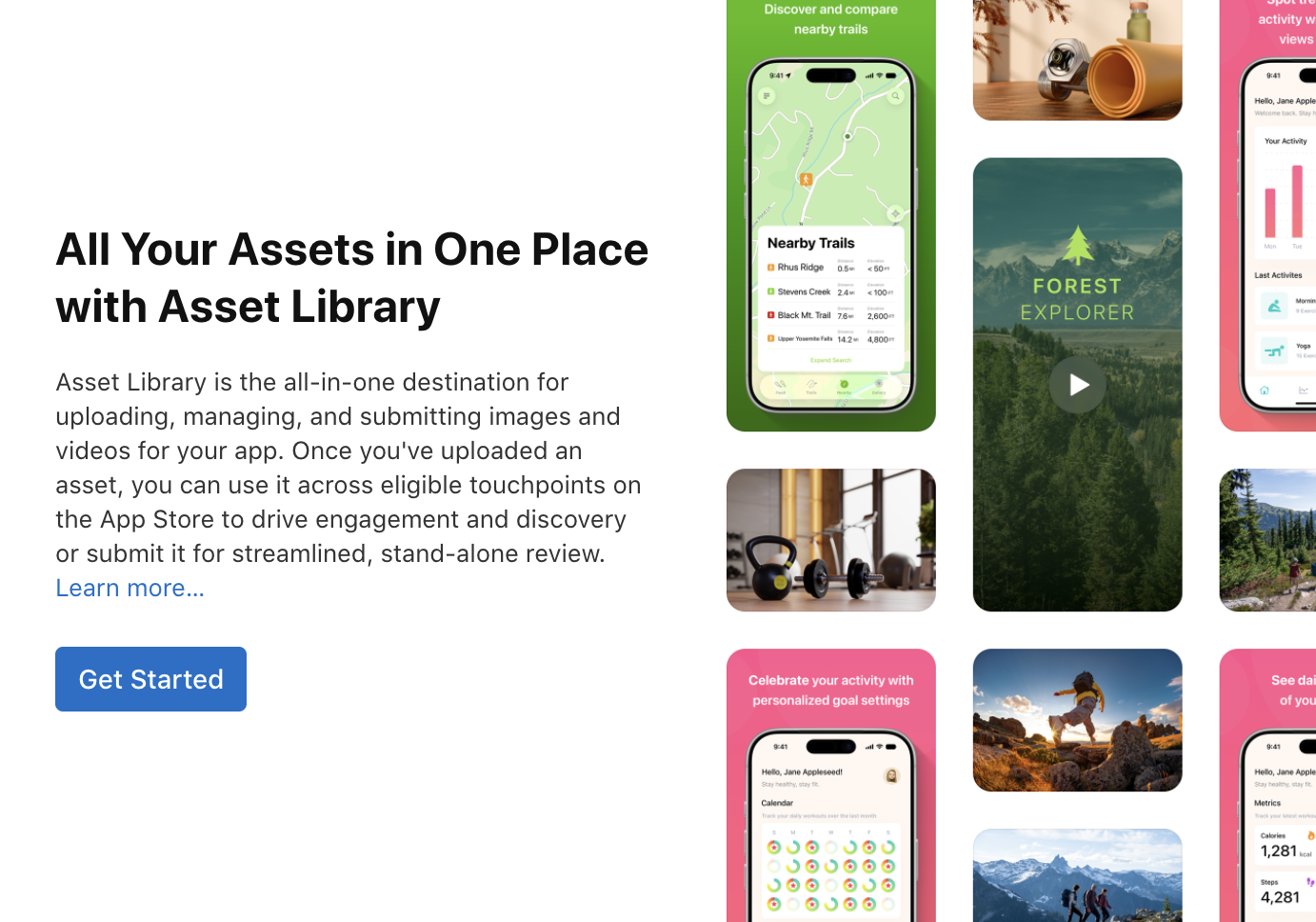 Asset Library welcome screen in App Store Connect titled "All Your Assets in One Place with Asset Library", with a Get Started button next to sample app screenshots and photos.