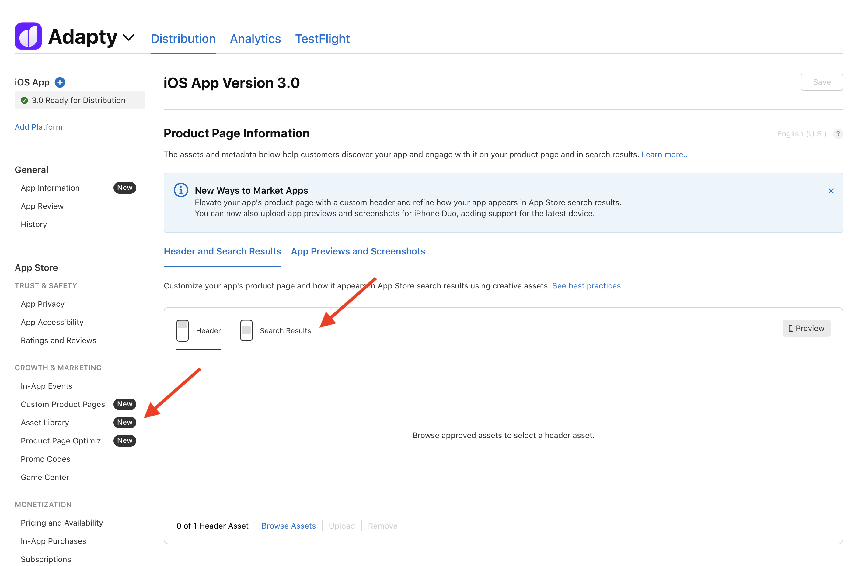 App Store Connect version page for the Adapty iOS app. A "New Ways to Market Apps" banner sits above the Header and Search Results tab, which has Header and Search Results sub-tabs and a Preview button. The sidebar marks Custom Product Pages, Asset Library, and Product Page Optimization as new.