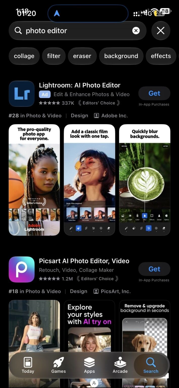Recherche App Store pour « photo editor » en mode sombre. Le premier résultat, Lightroom, n’affiche qu’une petite mention « Ad » et aucun fond coloré ; il ressemble donc au résultat naturel de Picsart juste en dessous.