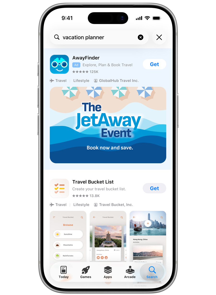 A search results ad for "vacation planner" showing the same "The JetAway Event" creative, landing on the Travel Bucket List app's custom product page.