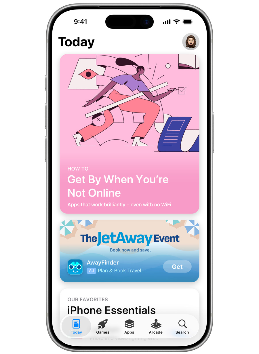 A Today tab ad for the fictional app AwayFinder, showing a custom "The JetAway Event" creative instead of a screenshot-built ad.