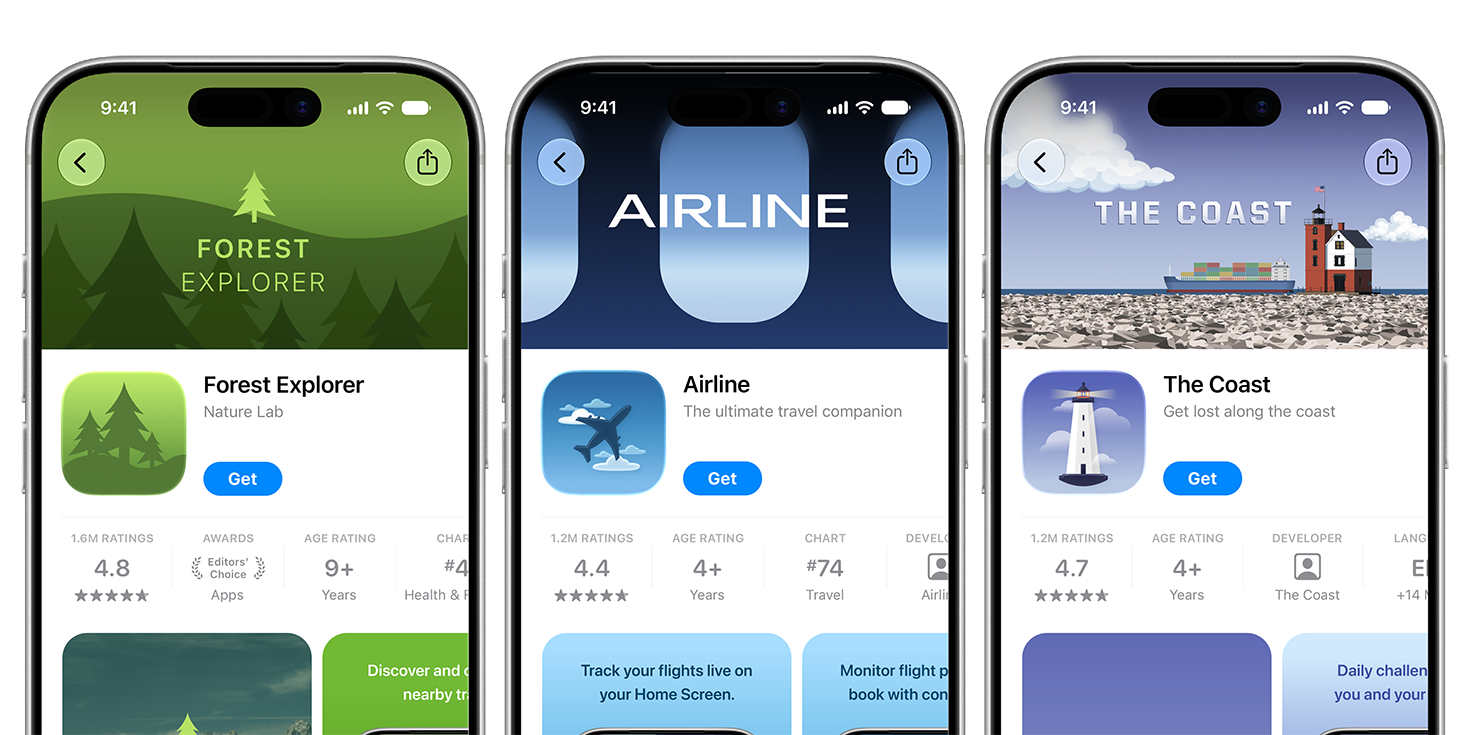 Three App Store product pages (Forest Explorer, Airline, The Coast) each showing a new illustrated product page header above the app's normal listing.