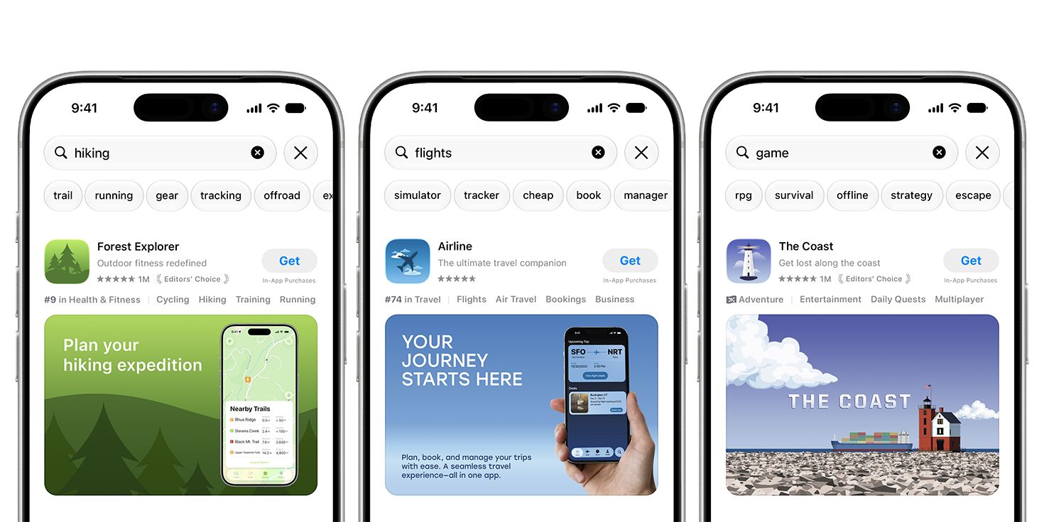 Three App Store search results (Forest Explorer, Airline, The Coast), each with a dedicated search result creative asset instead of the default screenshot.